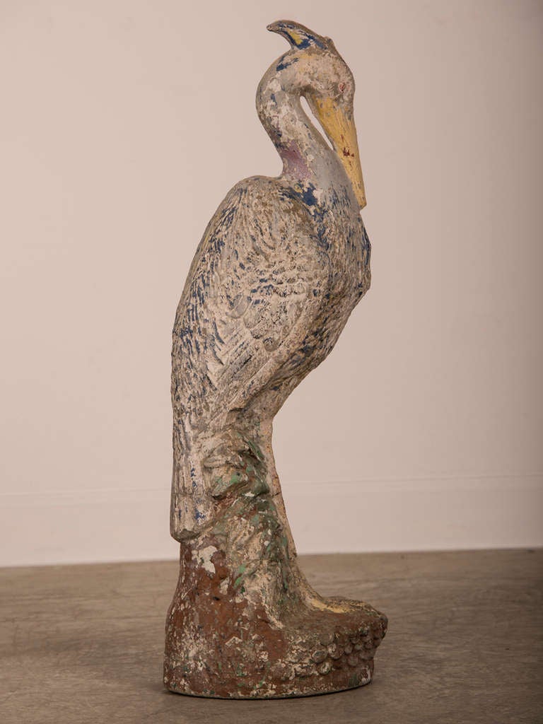 Vintage French Concrete Painted Crested Heron circa 1930 In Excellent Condition In Houston, TX