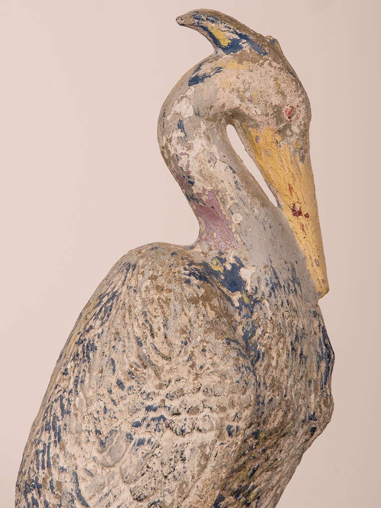 Mid-20th Century Vintage French Concrete Painted Crested Heron circa 1930