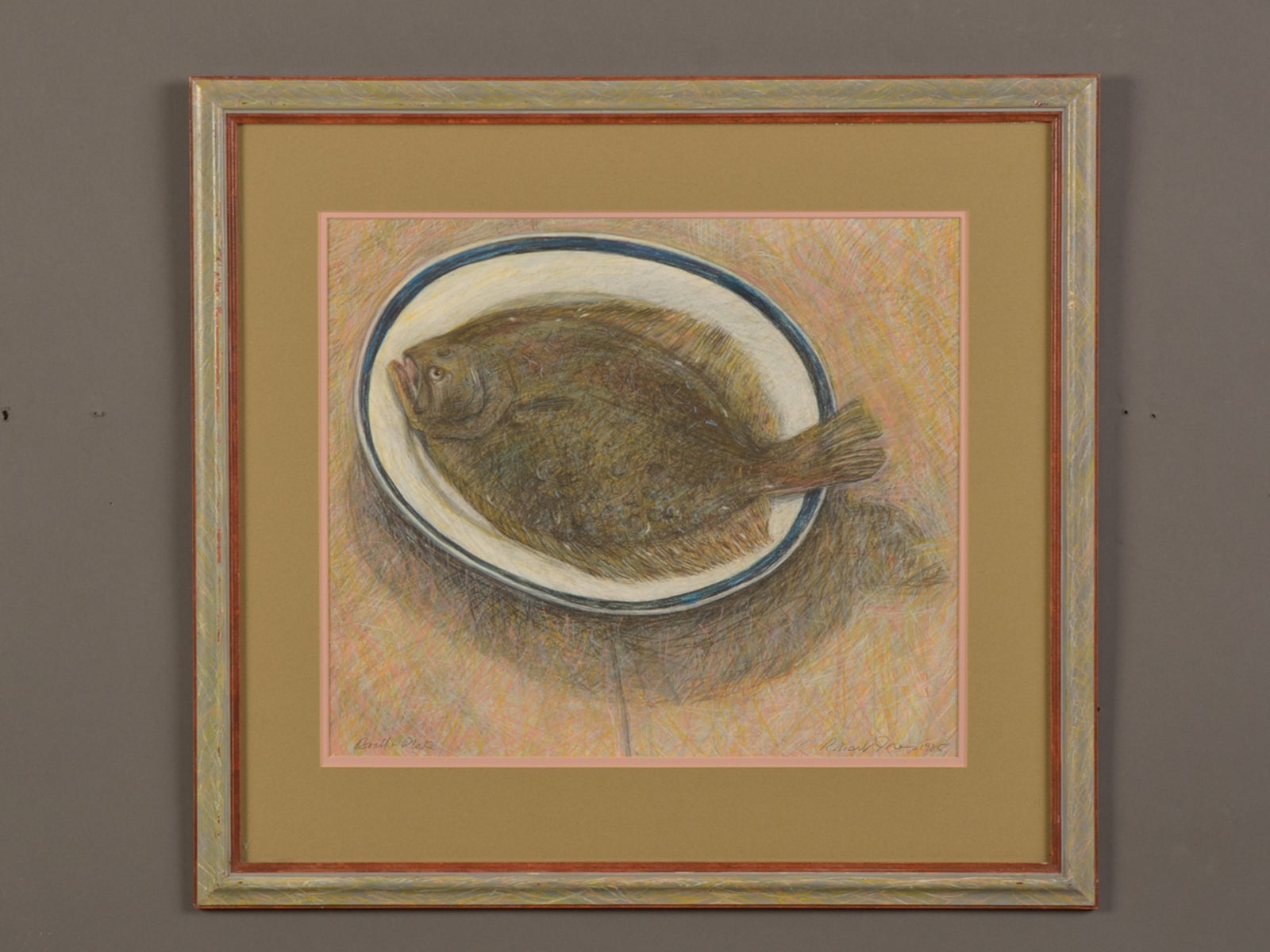 "Platter Fish"oil pastel and pencil by English artist Robert Jones circa 1985 For Sale