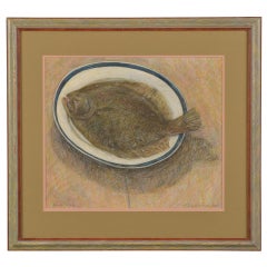 "Platter Fish"oil pastel and pencil by English artist Robert Jones circa 1985