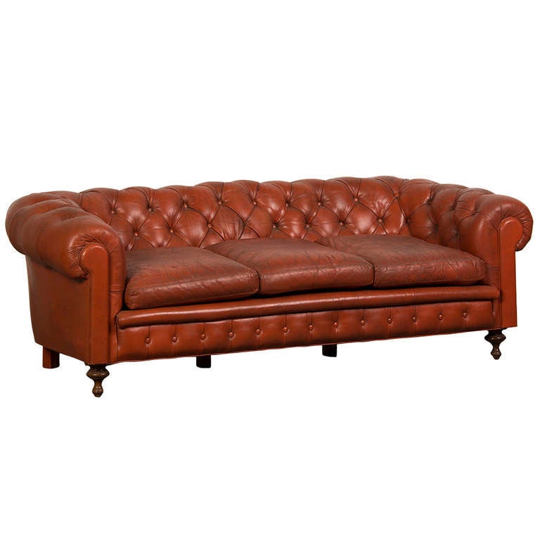 Edwardian Period Vintage English Chesterfield Leather Sofa circa 1910