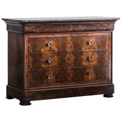 Louis Philippe Flame Grain Mahogany Chest, Marble Top, France circa 1860