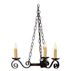 Vintage French Three-Arm Black Iron Chandelier, circa 1950 10