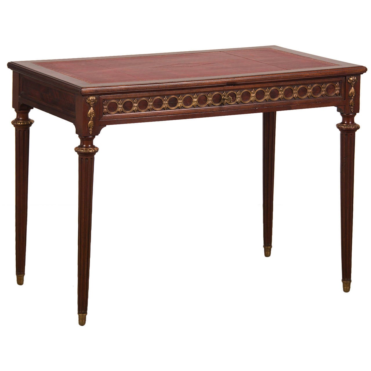 Louis XVI Style Vintage French Mahogany Writing Table, Leather Top