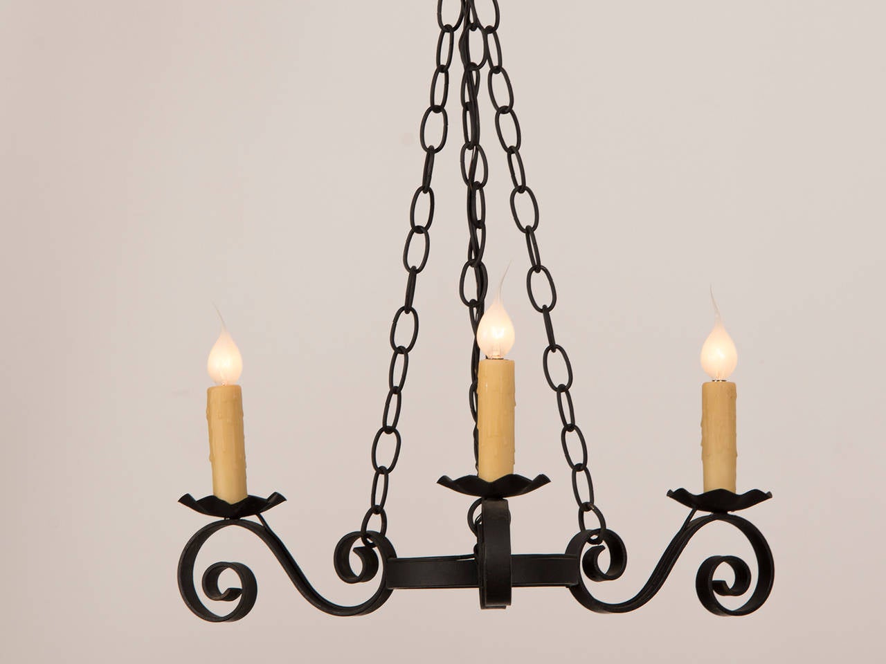 French Provincial Vintage French Three-Arm Black Iron Chandelier, circa 1950