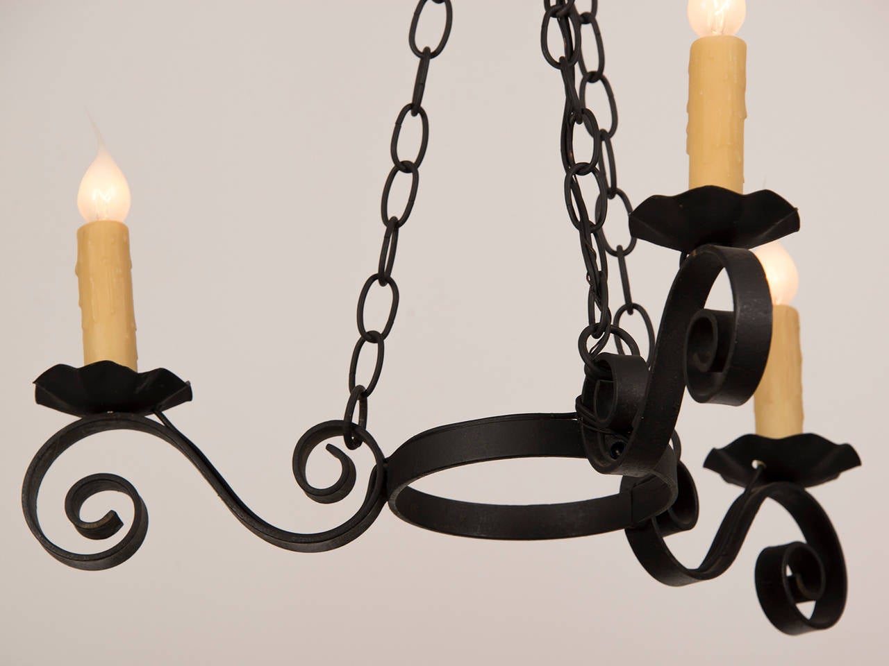 Vintage French Three-Arm Black Iron Chandelier, circa 1950 In Excellent Condition In Houston, TX