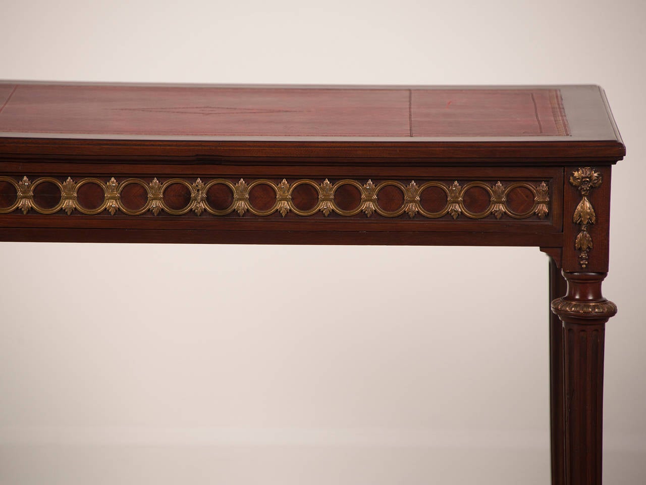 Brass Louis XVI Style Vintage French Mahogany Writing Table, Leather Top, circa 1940 For Sale