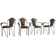 Set of Four Iron, Original Leather, Arm Chairs, France, circa 1940