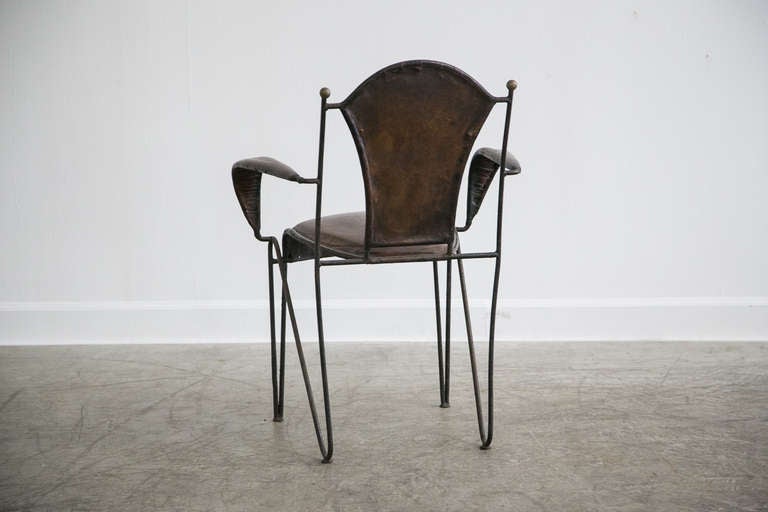 French Set of Four Iron, Original Leather, Arm Chairs, France, circa 1940