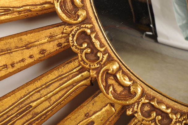 Gilded wood sunburst mirror from France c. 1950 In Excellent Condition In Houston, TX