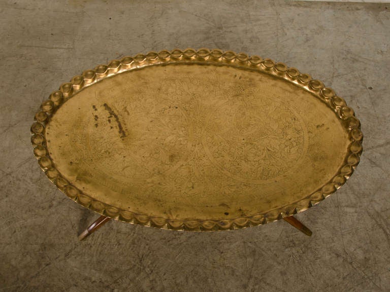 Islamic Solid Brass Oval Tray, Persia C.1890 Mounted on a Stand, Denmark c.1940