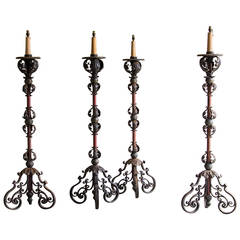Set Four Massive Antique French Iron Candle Stands, Painted & Gilded, circa 1880