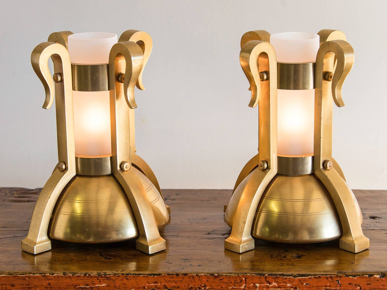 Italian Pair of Art Deco Bronze Doré Fittings Mounted as Custom Lamps, Italy circa 1930
