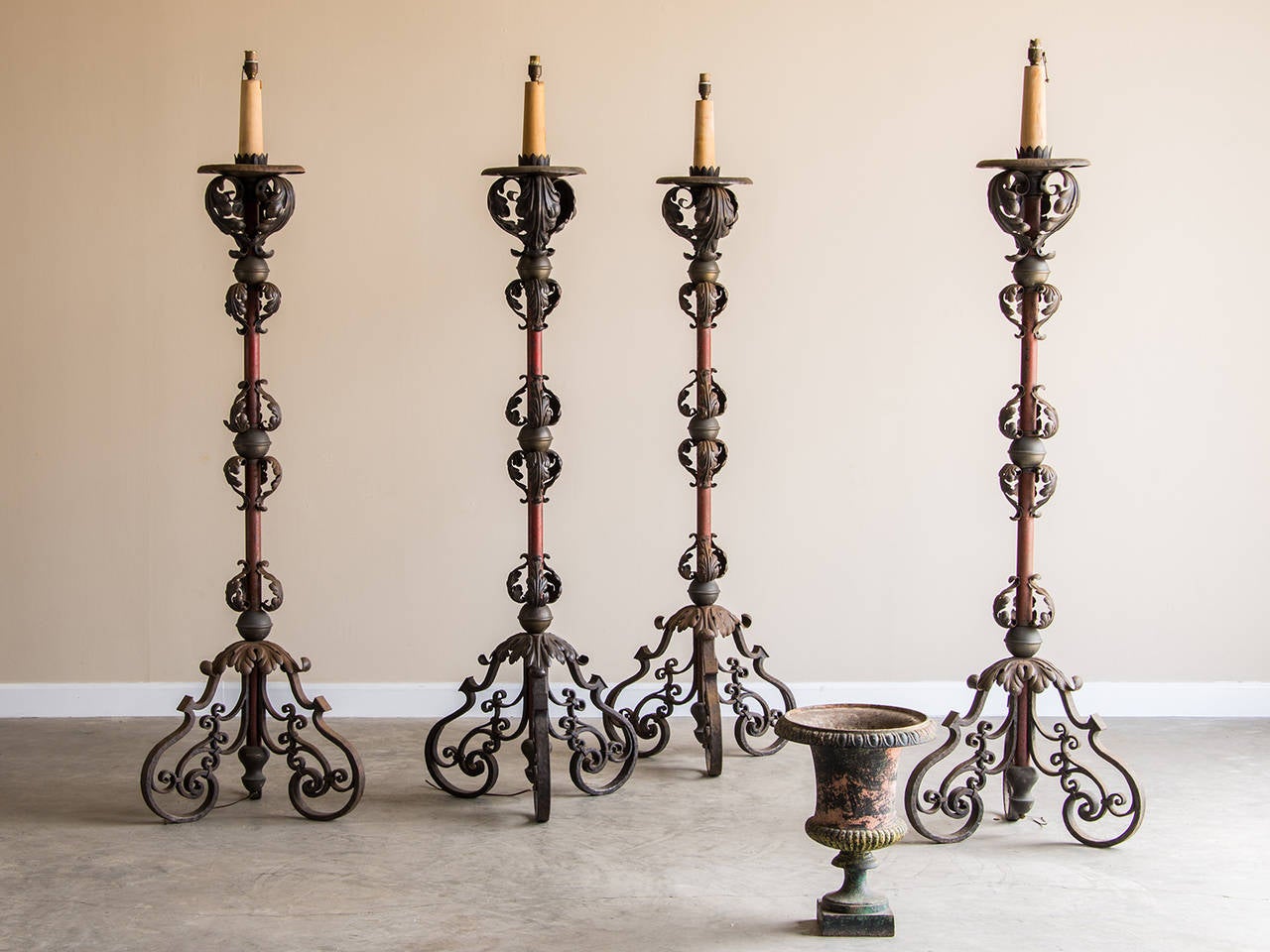 Baroque Set Four Massive Antique French Iron Candle Stands, Painted & Gilded, circa 1880
