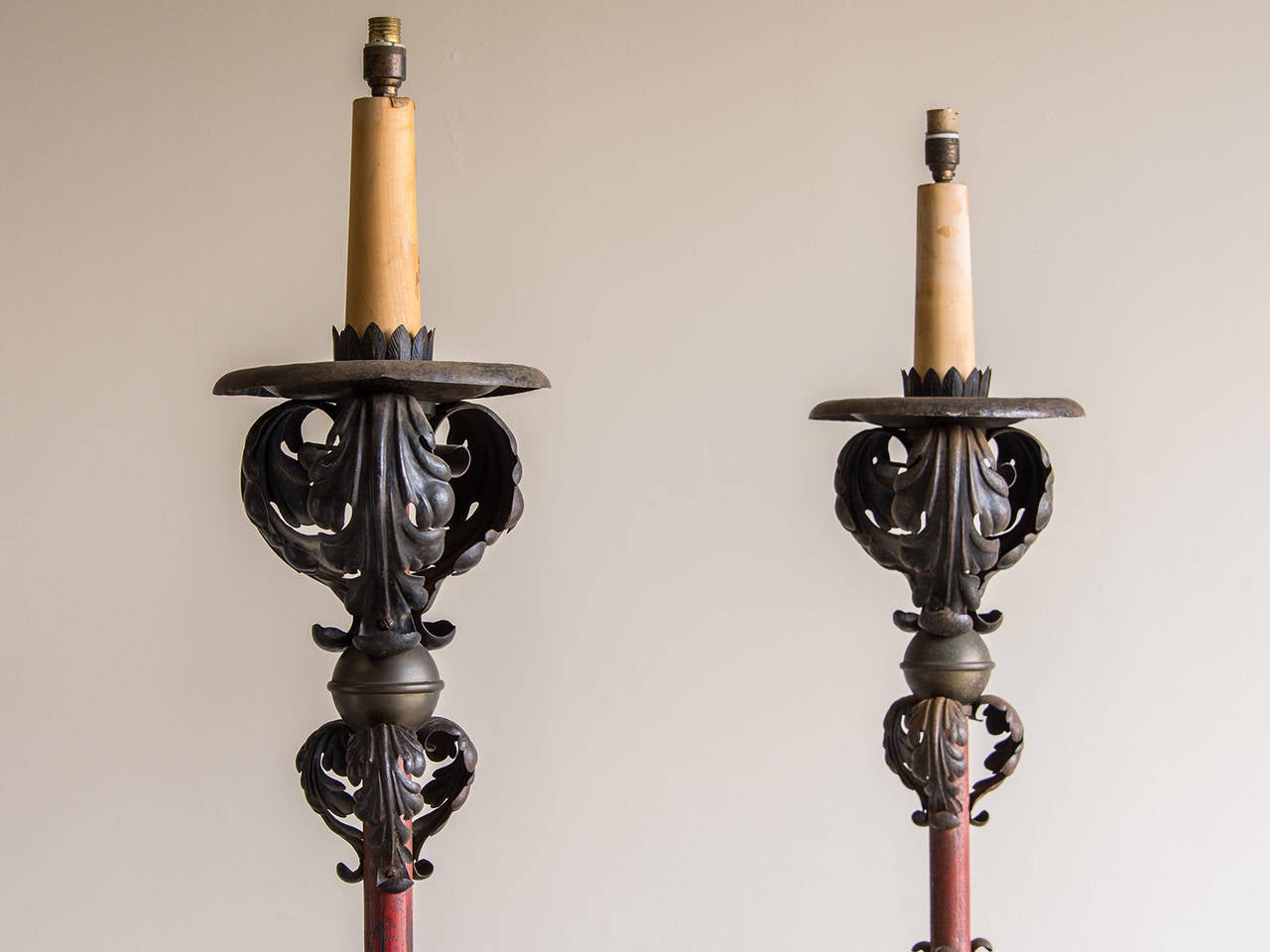 Gilt Set Four Massive Antique French Iron Candle Stands, Painted & Gilded, circa 1880