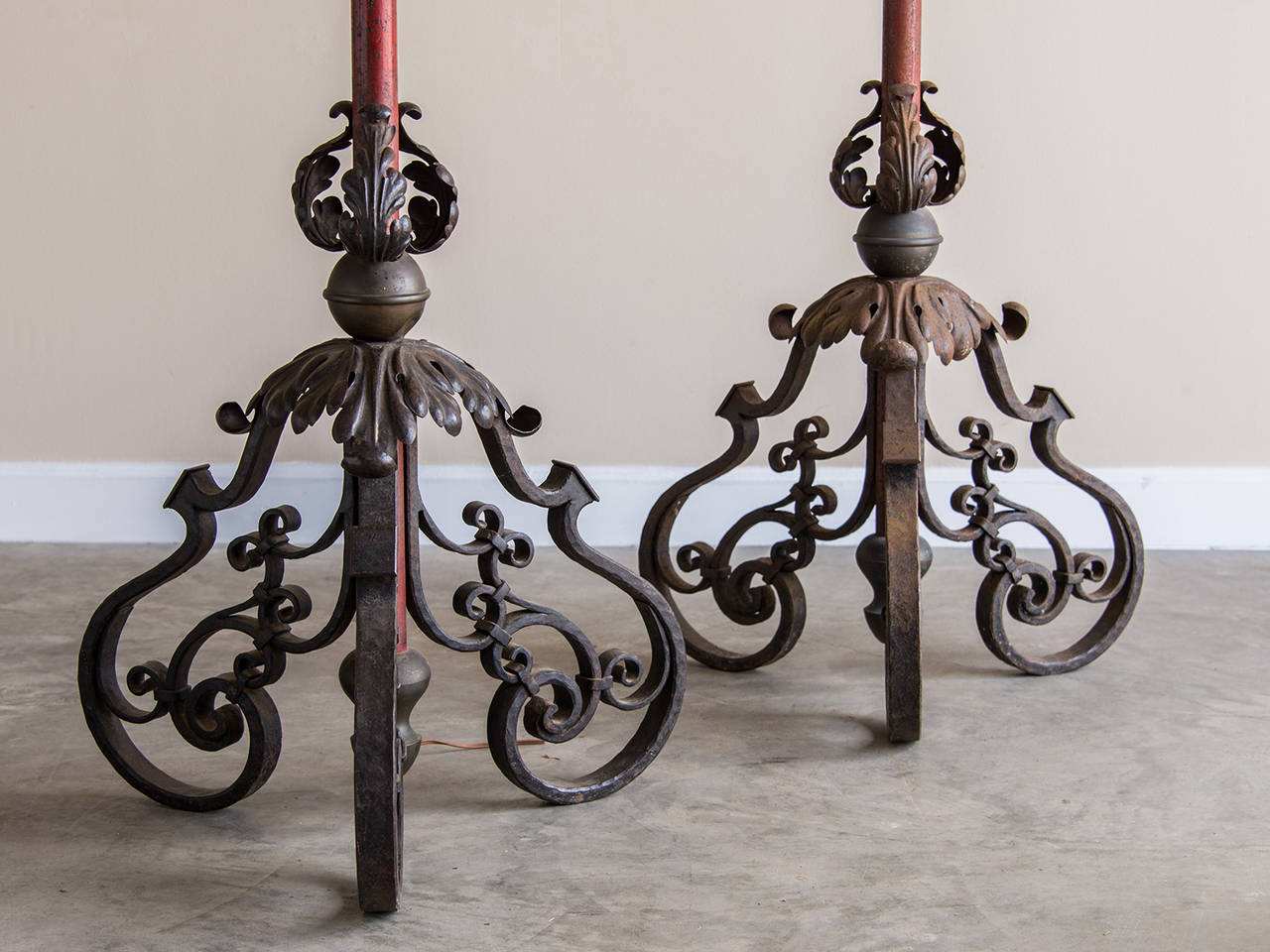 Late 19th Century Set Four Massive Antique French Iron Candle Stands, Painted & Gilded, circa 1880