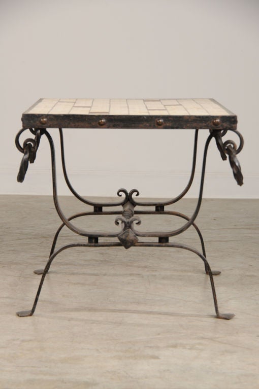 Vintage French Art Deco Period Iron Base and Tile-Top Coffee Table, circa 1930 For Sale 1