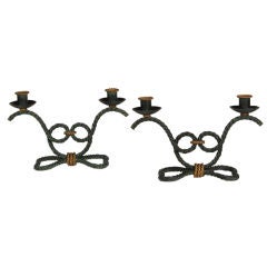 Antique Pair of two arm rope twist iron candlesticks from France c. 1920