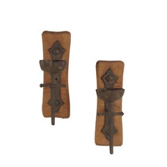 Pair of rustic iron and wood sconces