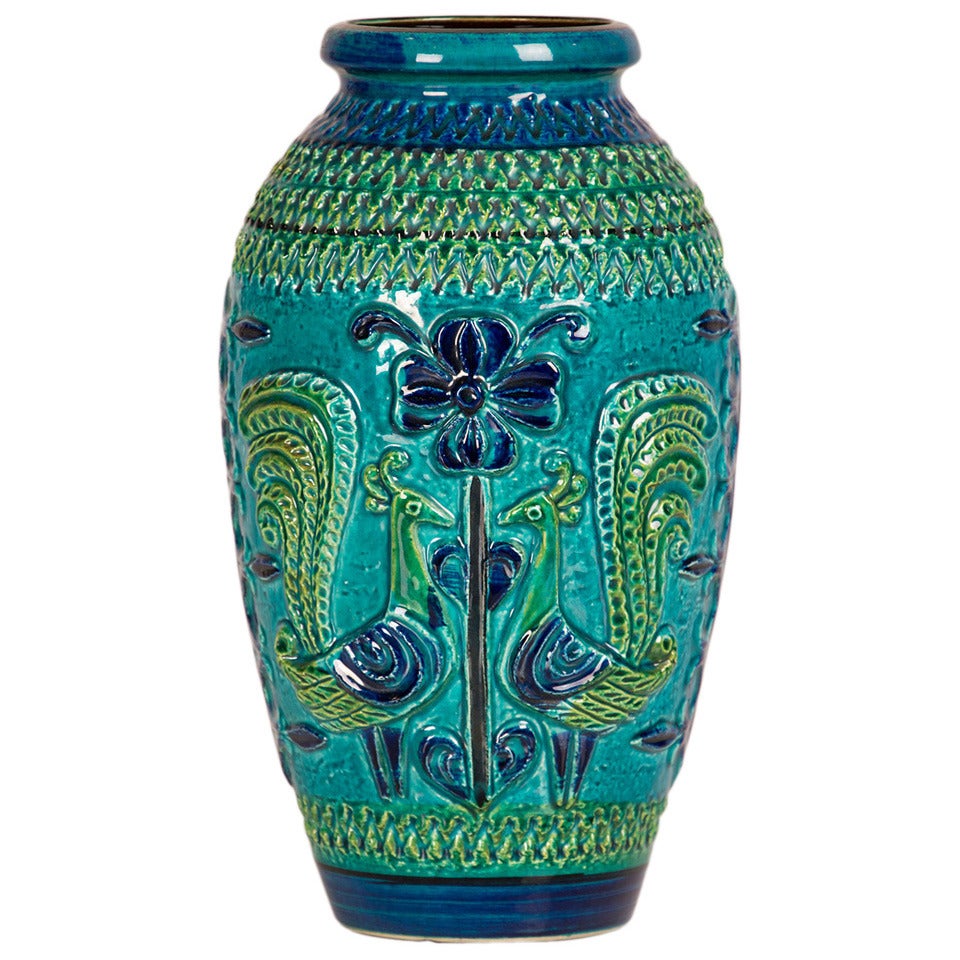 German Glazed Blue and Green Ceramic Vessel, Stamped on Base circa 1900