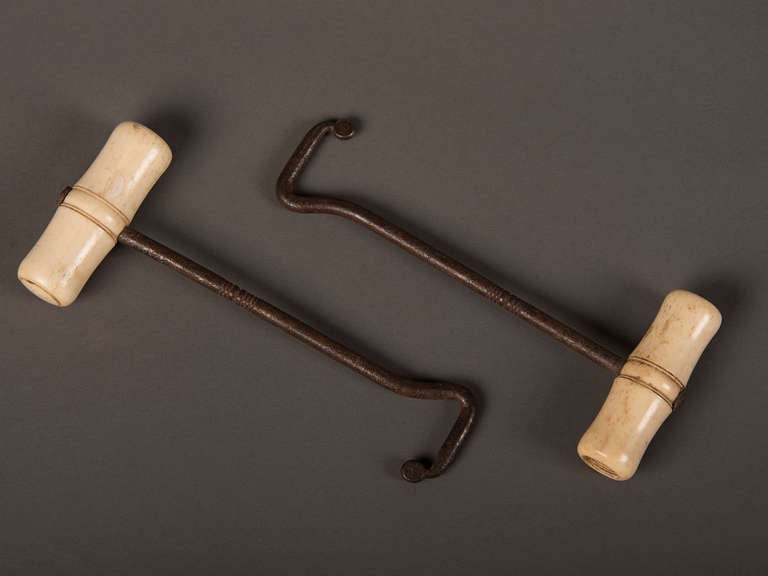 French Pair of Iron Boot Pulls with Ivory Handles, France, circa 1860 For Sale