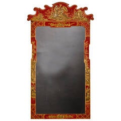 Antique English George II Scarlet Chinoiserie Framed Mirror, circa 1850
