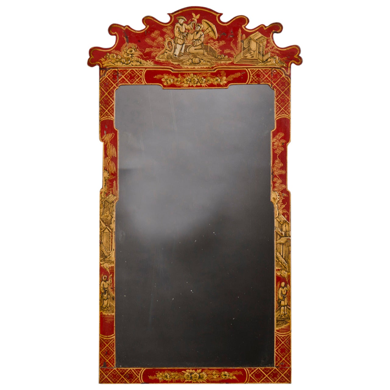 Antique English George II Scarlet Chinoiserie Framed Mirror, circa 1850