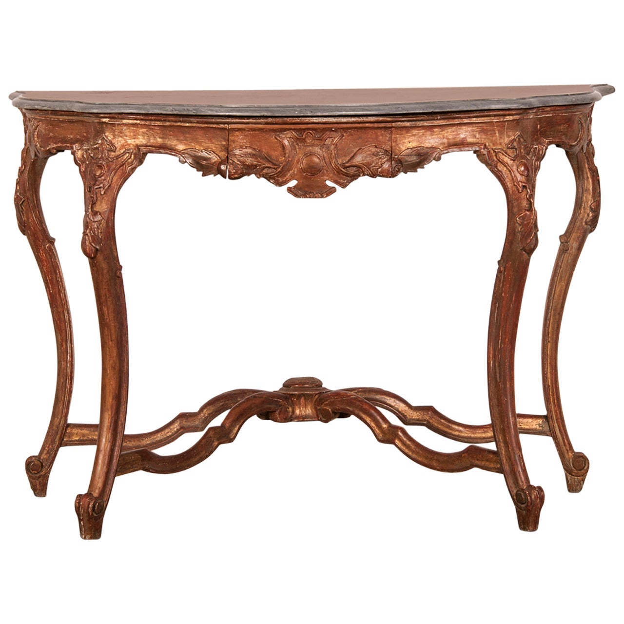 Antique French Louis XV Gold Leaf Console Table, Original Marble Top, circa 1810 For Sale