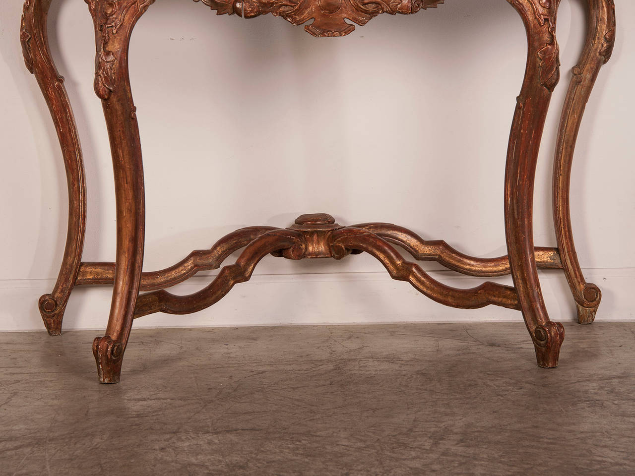 Antique French Louis XV Gold Leaf Console Table, Original Marble Top, circa 1810 For Sale 1
