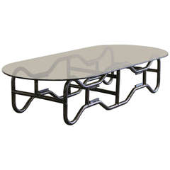 French Industrial  Steel Frame and Smoked Top Coffee Table circa 1970