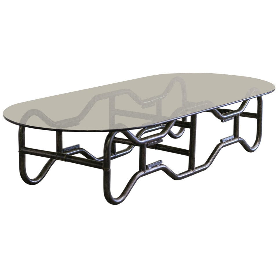 French Industrial  Steel Frame and Smoked Top Coffee Table circa 1970 For Sale