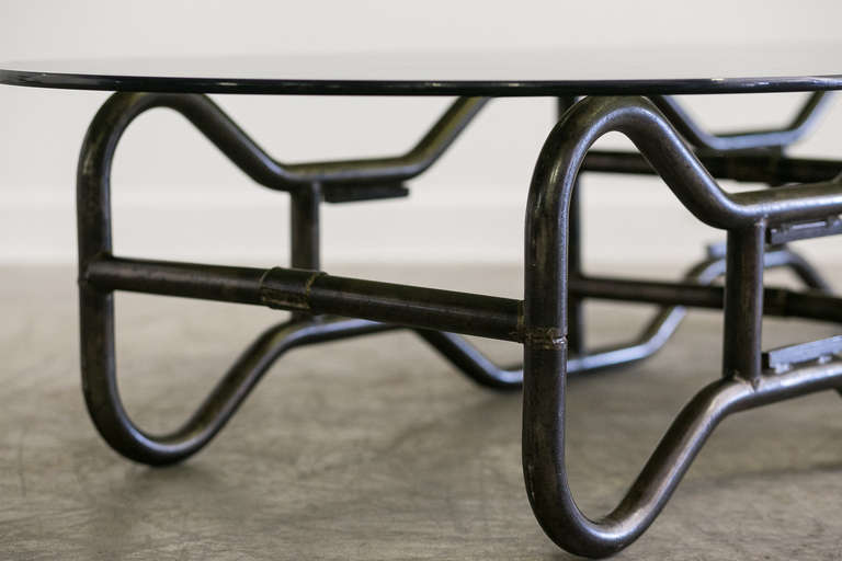 Late 20th Century French Industrial  Steel Frame and Smoked Top Coffee Table circa 1970 For Sale