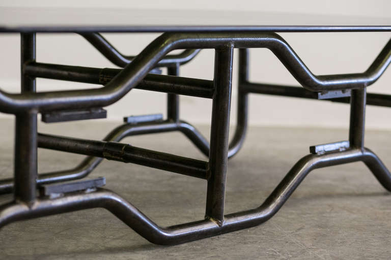 Smoked Glass French Industrial  Steel Frame and Smoked Top Coffee Table circa 1970 For Sale