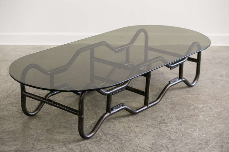 French Industrial  Steel Frame and Smoked Top Coffee Table circa 1970 In Excellent Condition For Sale In Houston, TX