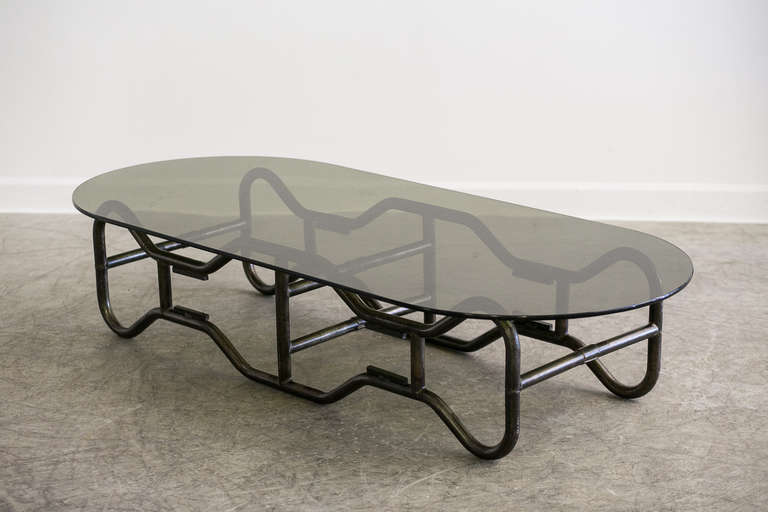 French Industrial  Steel Frame and Smoked Top Coffee Table circa 1970 For Sale 1