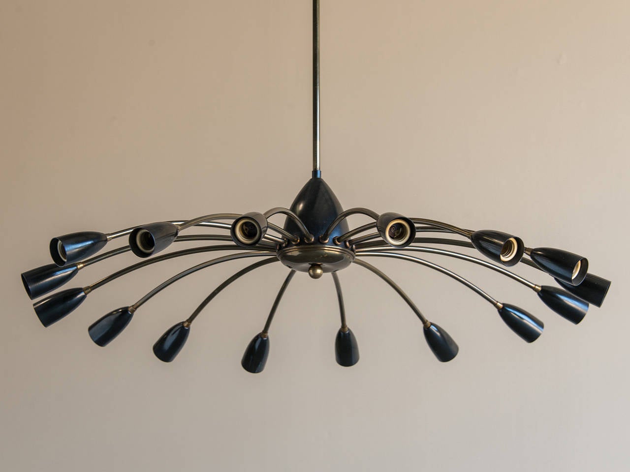 Stilnovo Brass and Black Vintage 16-Light Ceiling Fixture, Italy circa 1965