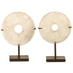 A Pair of Pale Stone "Bi" Disks Found in China Mounted on a Custom Stand