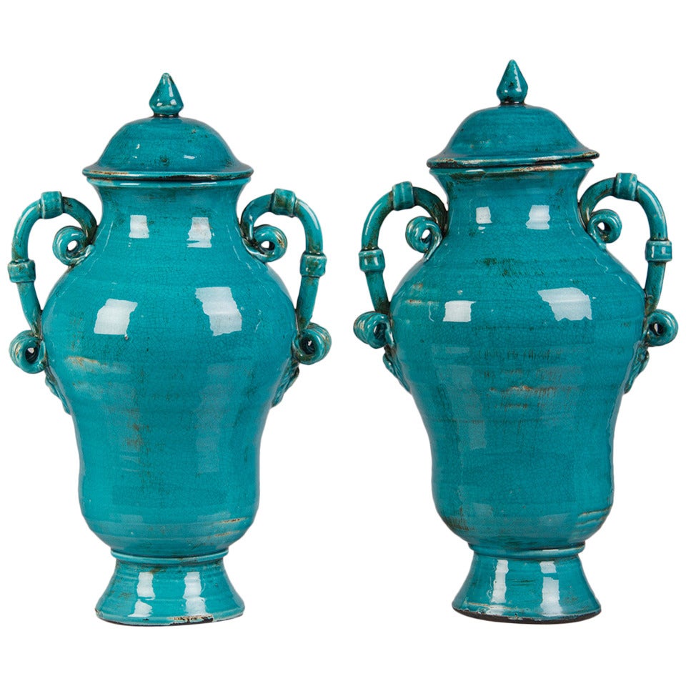 Burmantofts Style Pair of Blue Glazed Terracotta Urns, England, circa 1920