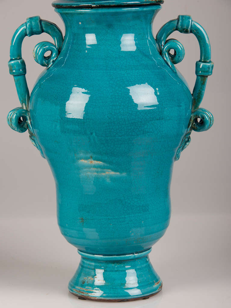 Burmantofts Style Pair of Blue Glazed Terracotta Urns, England, circa 1920 2