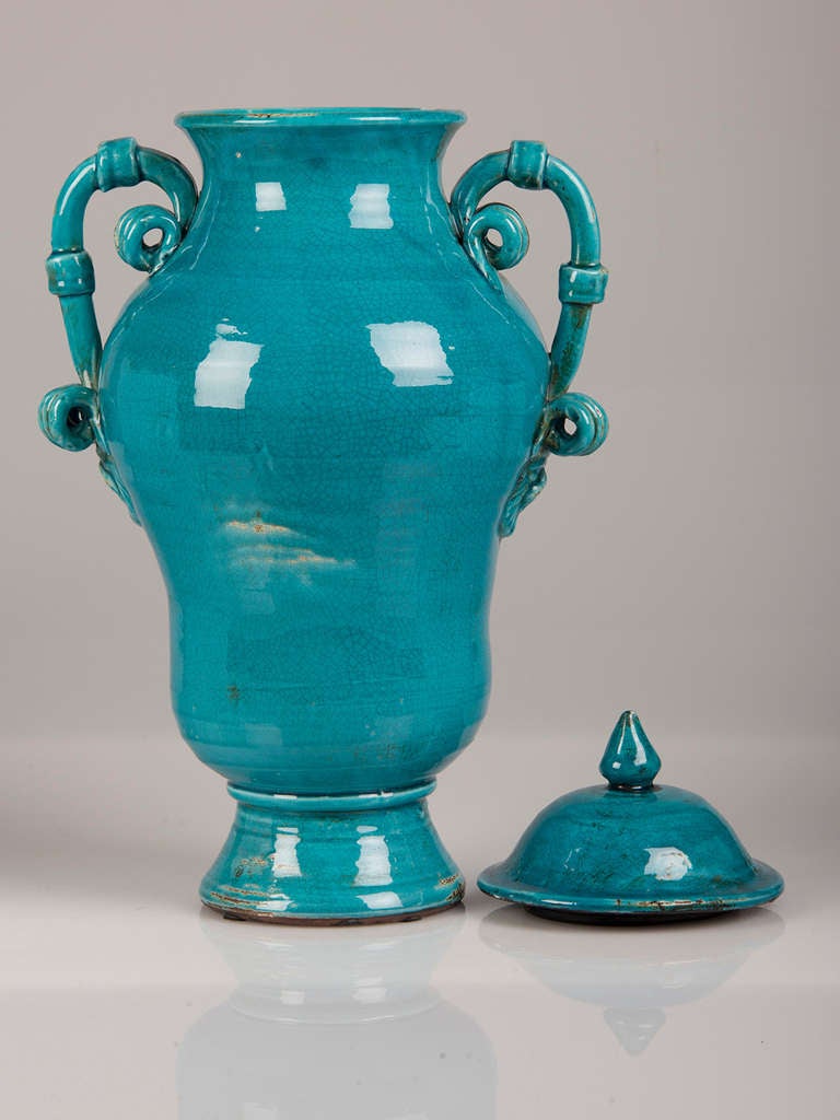 20th Century Burmantofts Style Pair of Blue Glazed Terracotta Urns, England, circa 1920