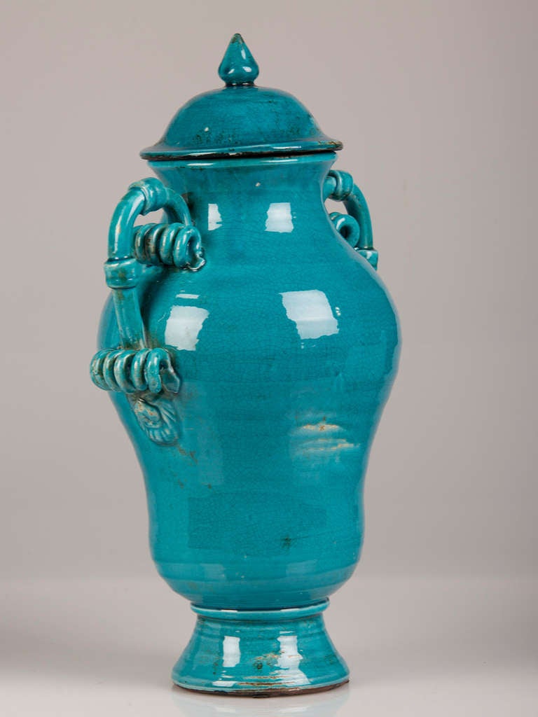 Burmantofts Style Pair of Blue Glazed Terracotta Urns, England, circa 1920 4