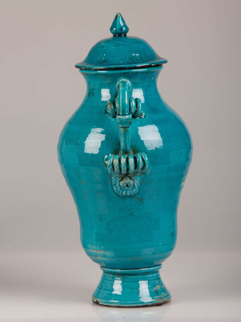 Burmantofts Style Pair of Blue Glazed Terracotta Urns, England, circa 1920 5