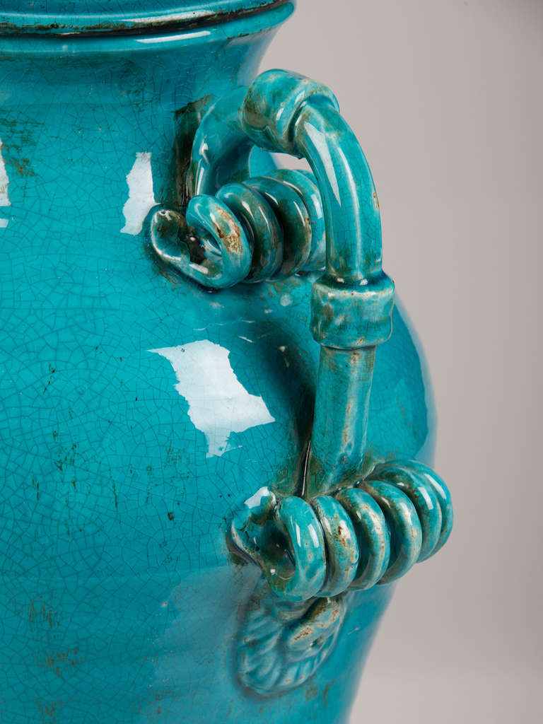 Burmantofts Style Pair of Blue Glazed Terracotta Urns, England, circa 1920 3