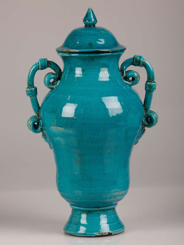 Burmantofts Style Pair of Blue Glazed Terracotta Urns, England, circa 1920 In Excellent Condition In Houston, TX