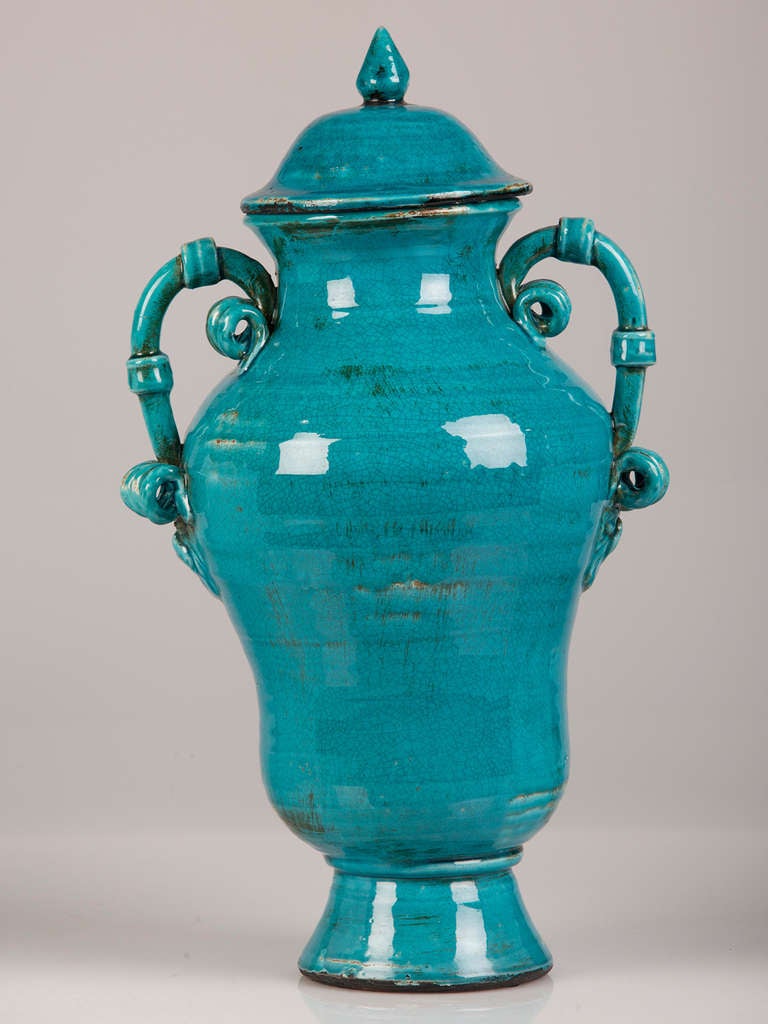English Burmantofts Style Pair of Blue Glazed Terracotta Urns, England, circa 1920