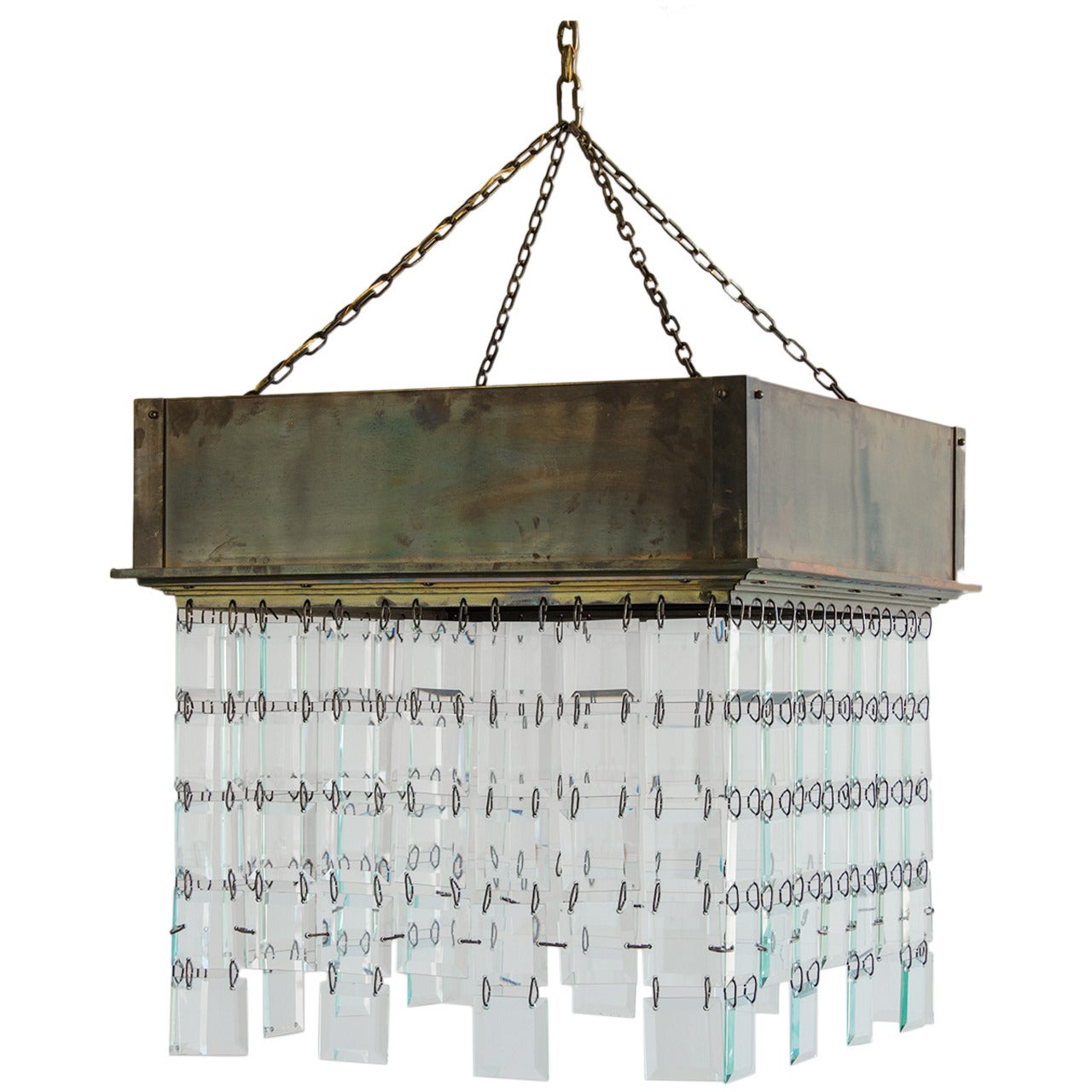 Vintage Square Brass Framed, Glass Curtain Chandelier, Italy, circa 1960