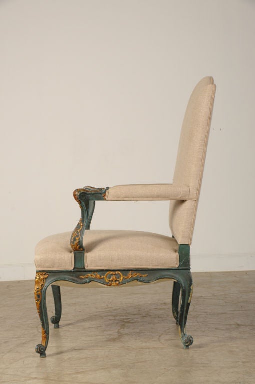 Antique French Régence Louis XV Style Painted and Gilded Armchair, circa 1875 2
