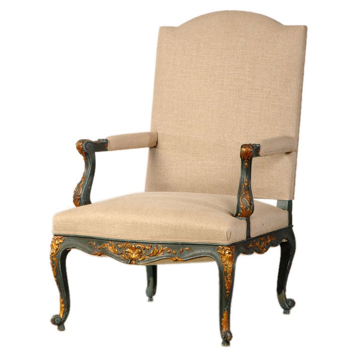 Antique French Régence Louis XV Style Painted and Gilded Armchair, circa 1875