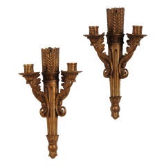 Pair of Louis XVI style gilded wood sconces from France c. 1910