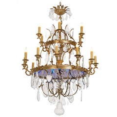 Two Tier Bronze Dore Crystal Chandelier With A Blue Glass Plate, Sweden C. 1900.